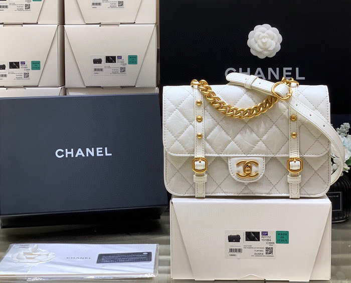 Chanel Aged Calfskin Flap Bag White AS2696