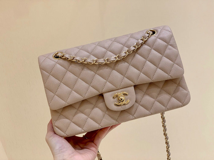 Classic Chanel Grained Calfskin Handbag Beige A01112