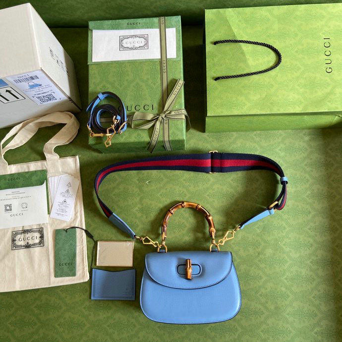 Gucci Small top handle bag with Bamboo Blue 675797