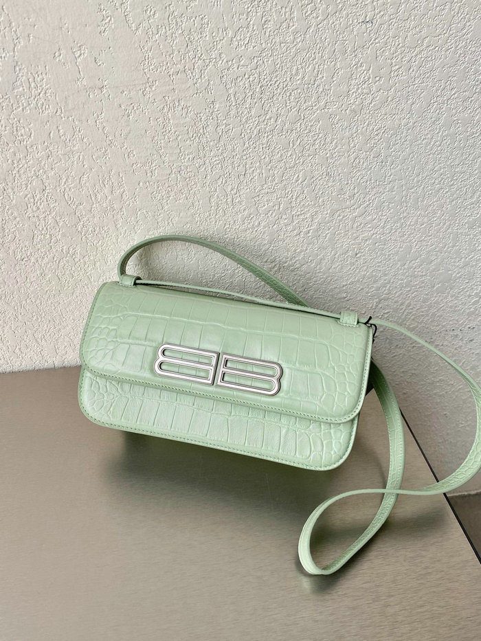 Balenciaga Gossip Small Croc-embossed Leather Shoulder Bag Light Green 674693