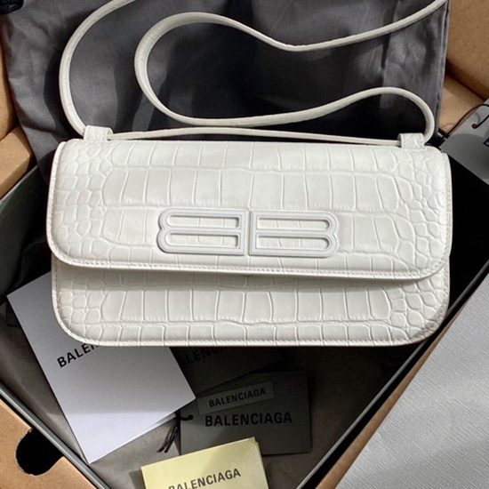 Balenciaga Gossip Small Croc-embossed Leather Shoulder Bag White 674693