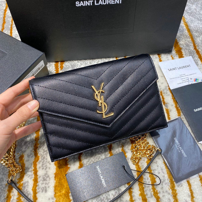 Saint Laurent Envelope Chain Wallet Black with Gold 393953