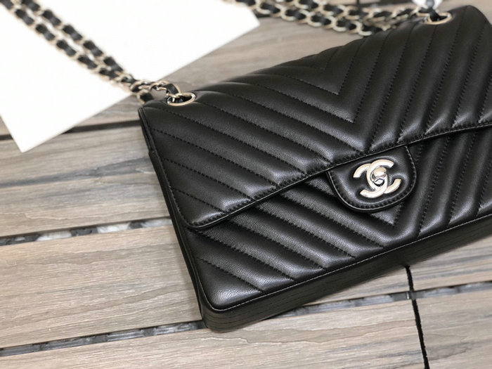 Classic Chanel Chevron Medium Flap Bag Black with Silver CF1112