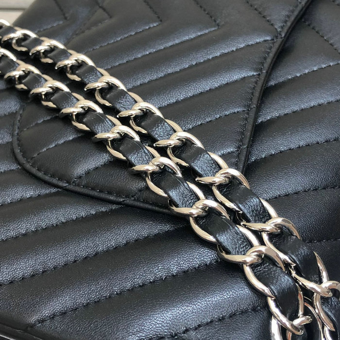 Classic Chanel Chevron Medium Flap Bag Black with Silver CF1112