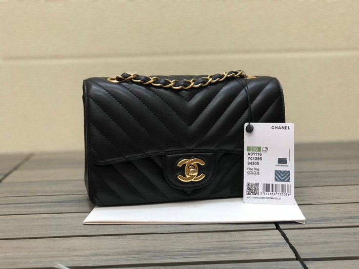 Classic Chanel Chevron Small Flap Bag Black with Gold CF1116