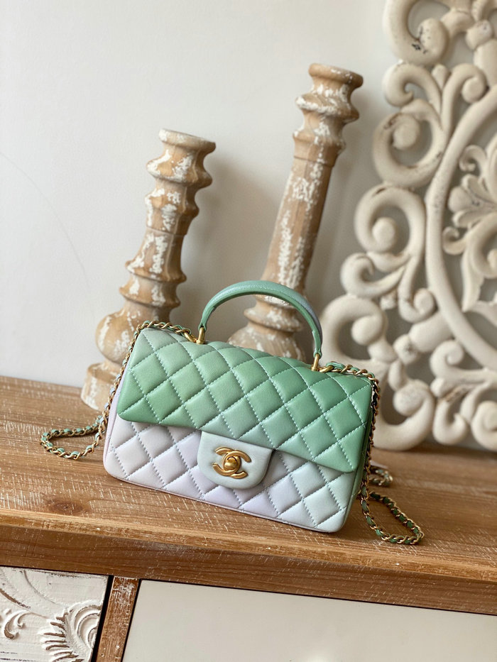 Chanel Lambskin Mini Flap Bag with Top Handle Green AS2431