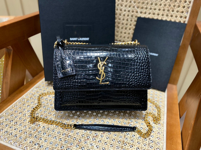 Saint Laurent Medium Embossed Crocodile Sunset Bag Black with Gold 442906