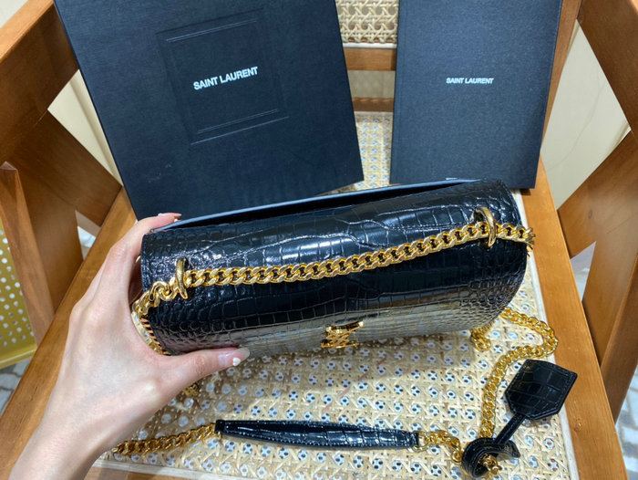 Saint Laurent Medium Embossed Crocodile Sunset Bag Black with Gold 442906