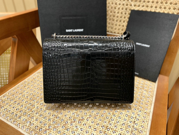 Saint Laurent Medium Embossed Crocodile Sunset Bag Black with Silver 442906