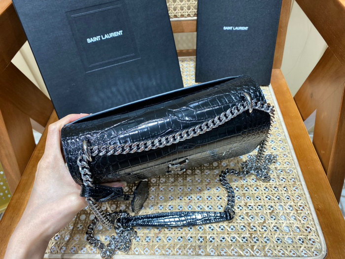 Saint Laurent Medium Embossed Crocodile Sunset Bag Black with Silver 442906