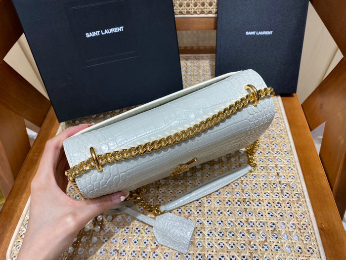 Saint Laurent Medium Embossed Crocodile Sunset Bag White with Gold 442906