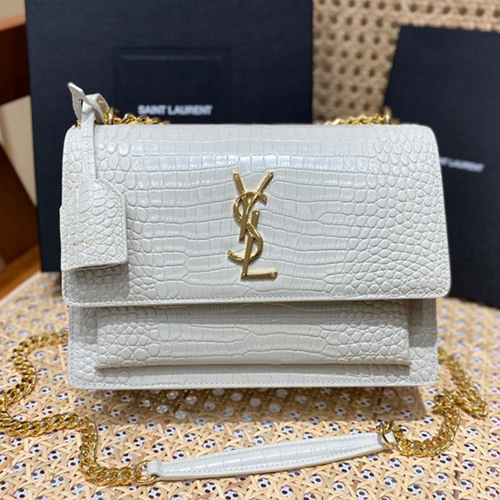 Saint Laurent Medium Embossed Crocodile Sunset Bag White with Gold 442906