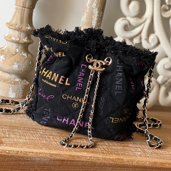 Chanel Denim Drawstring Bag Black AS2603