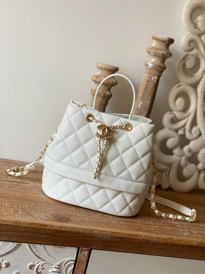 Chanel Grained Calfskin Drawstring Bag White AS8309