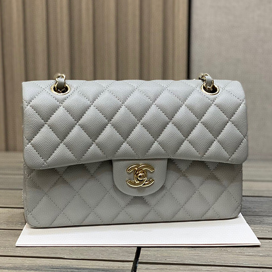 Small Classic Chanel Grain Calfskin Flap Bag Grey CF1117