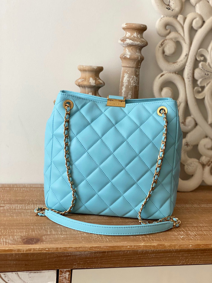 Chanel Lambskin SMALL TOTE Blue AS3477