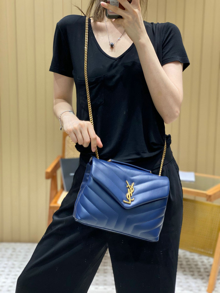 Saint Laurent Small Leather Loulou Chain Bag Blue 494699