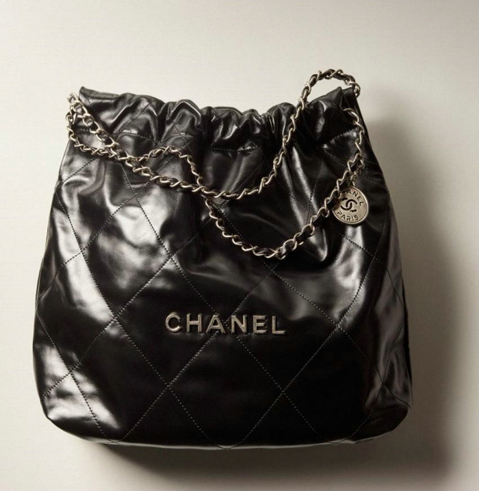 CHANEL Shiny Calfskin 22 SMALL HANDBAG Black with Silver AS3260