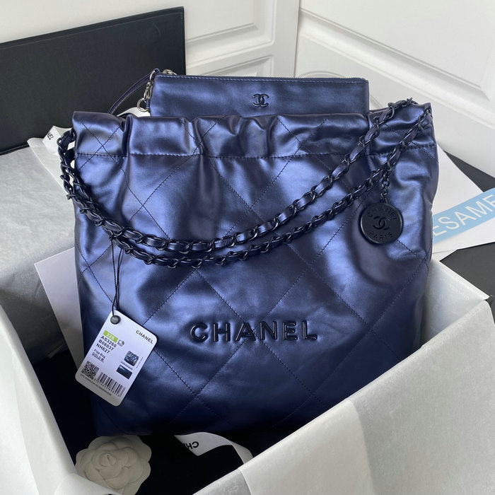 CHANEL Shiny Calfskin 22 SMALL HANDBAG Blue AS3260