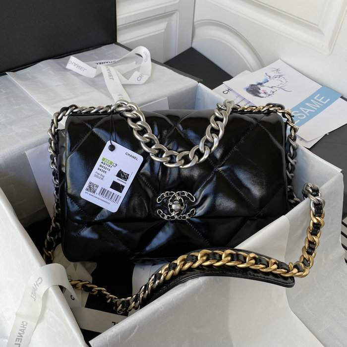 Chanel 19 Glossy Calfskin Large Flap Bag Black AS1161