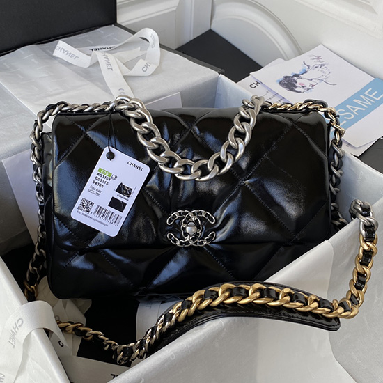 Chanel 19 Glossy Calfskin Large Flap Bag Black AS1161