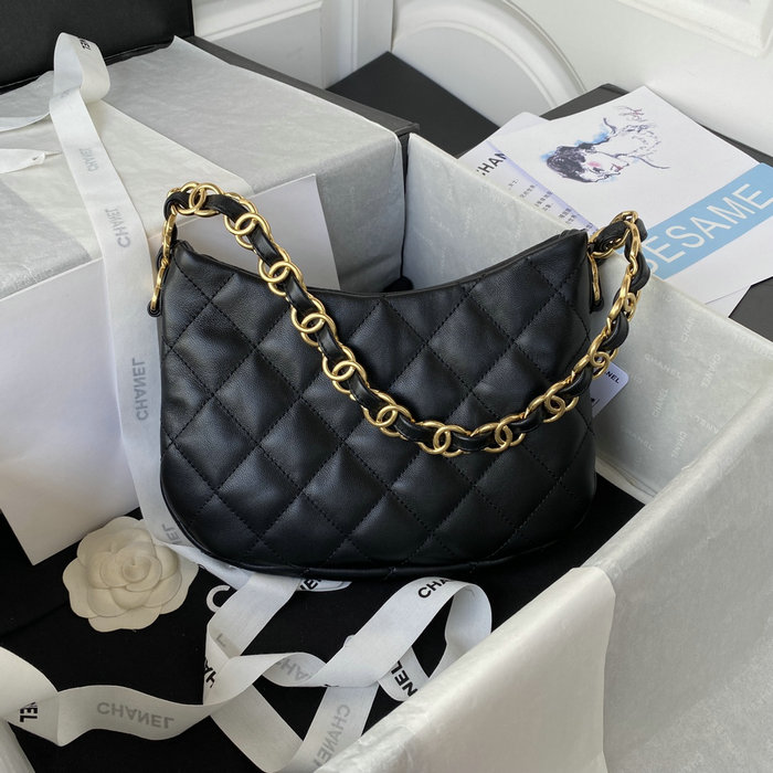 Chanel Lambskin HOBO HANDBAG Black AS3562