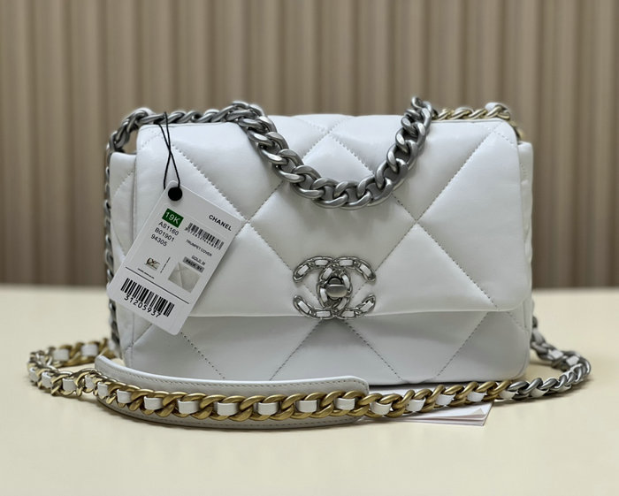 Chanel 19 Lambskin Flap Handbag White with Silver AS1160