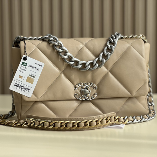 Chanel 19 Lambskin Large Flap Bag Beige with Silver AS1161