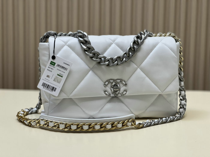 Chanel 19 Lambskin Large Flap Bag White with Silver AS1161