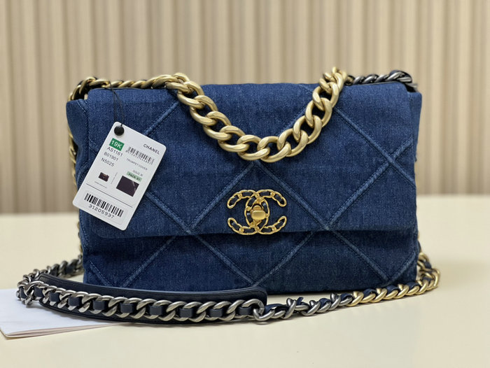 Chanel 19 Lambskin Denim Handbag Dark Blue with Gold AS1161