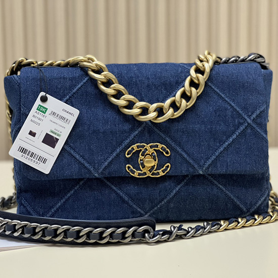 Chanel 19 Lambskin Denim Handbag Dark Blue with Gold AS1161