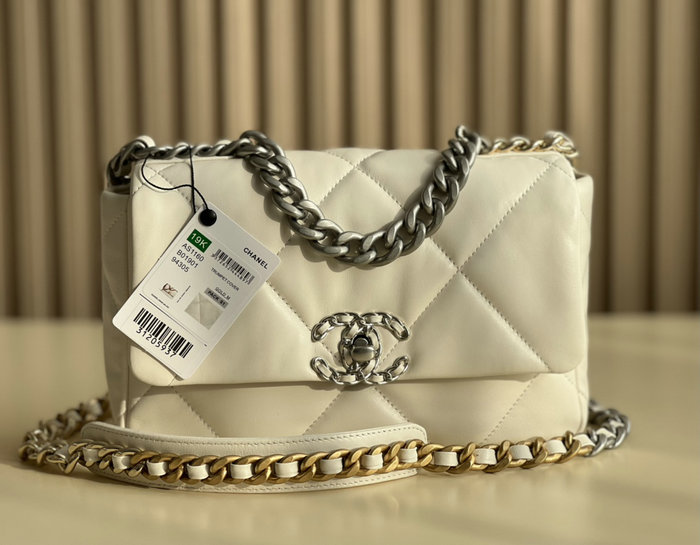 Chanel 19 Lambskin Flap Handbag Off-White Silver AS1160