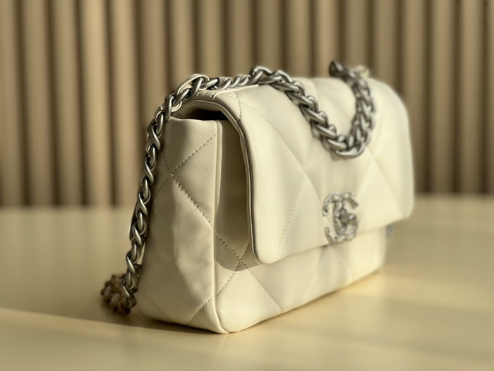 Chanel 19 Lambskin Flap Handbag Off-White Silver AS1160