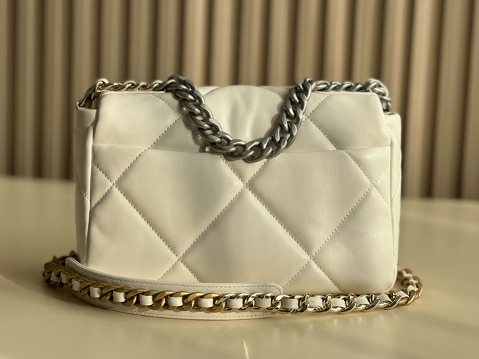 Chanel 19 Lambskin Flap Handbag Off-White Silver AS1160