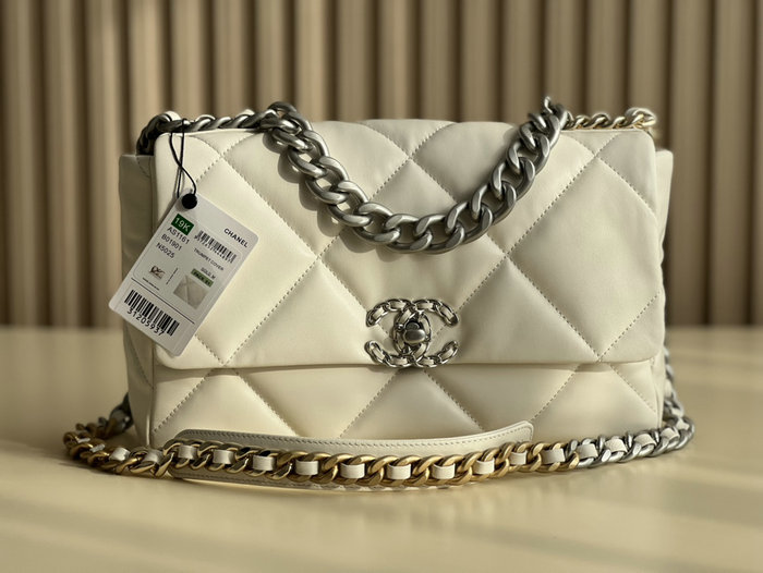 Chanel 19 Lambskin Large Flap Bag Off-White Silver AS1161