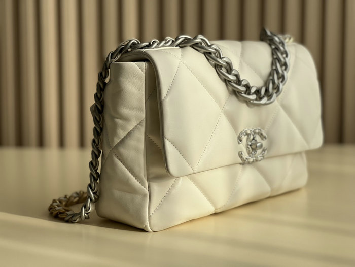 Chanel 19 Lambskin Large Flap Bag Off-White Silver AS1161