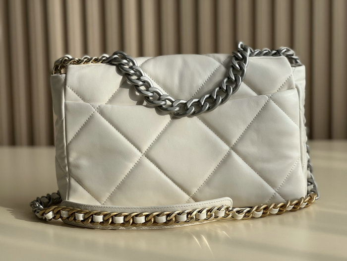 Chanel 19 Lambskin Large Flap Bag Off-White Silver AS1161