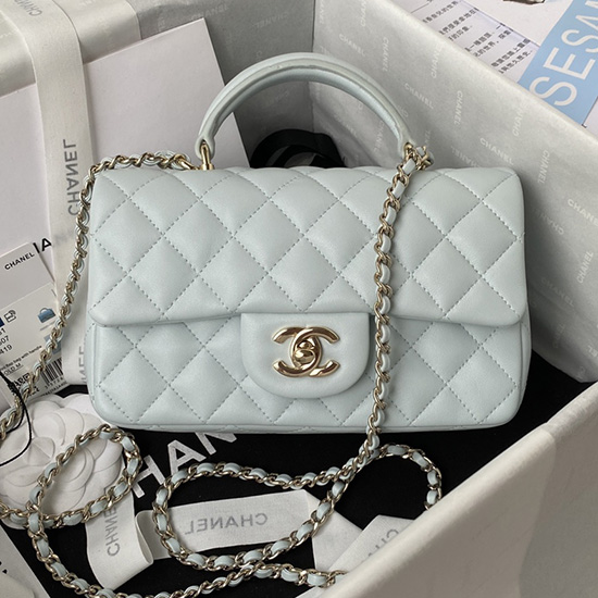 Chanel Lambskin Mini Flap Bag with Top Handle Light Blue AS2431