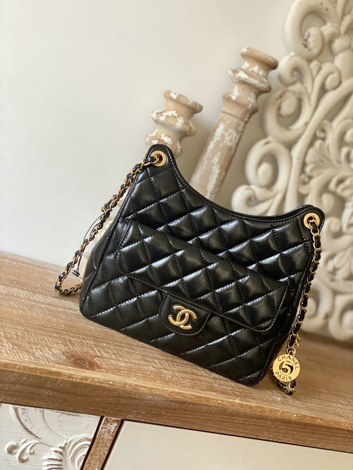 Chanel Shiny Crumpled Calfskin Hobo Bag Black AS3690