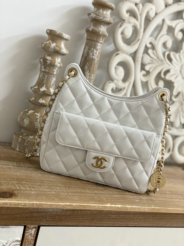 Chanel Shiny Crumpled Calfskin Hobo Bag White AS3690