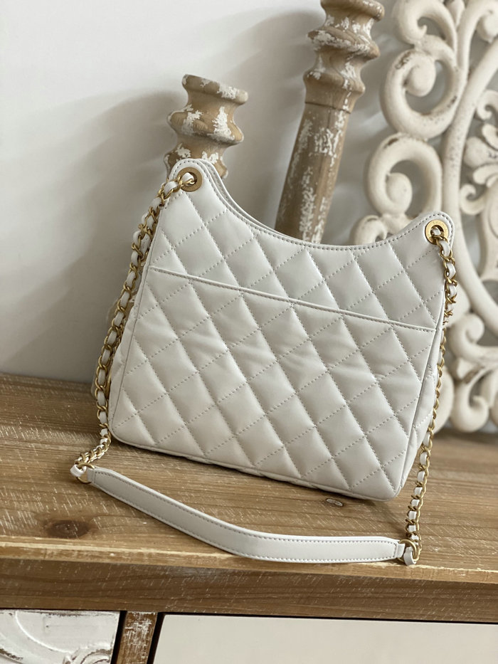 Chanel Shiny Crumpled Calfskin Hobo Bag White AS3690