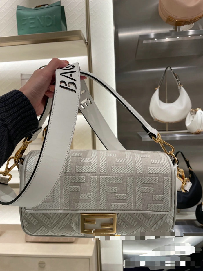 Fendi Baguette FF Canvas Bag White F8598