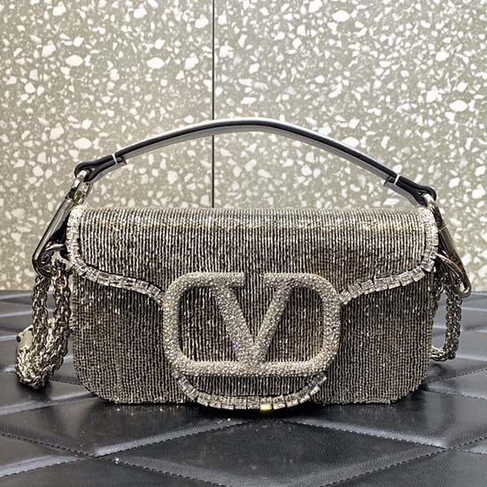 Valentino Loco Embroidered Small Shoulder Bag Silver V5032