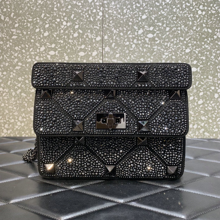 Valentino Medium Rhinestones Roman Stud Bag Black V0082