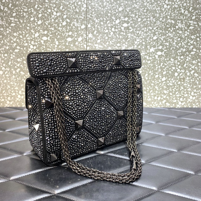 Valentino Medium Rhinestones Roman Stud Bag Black V0082