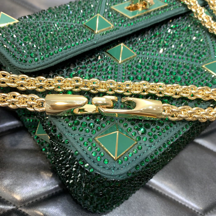 Valentino Medium Rhinestones Roman Stud Bag Green V0082