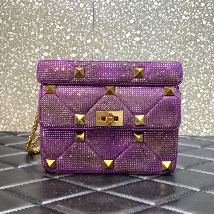 Valentino Medium Rhinestones Roman Stud Bag Purple V0082