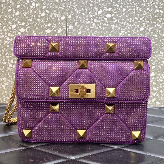 Valentino Medium Rhinestones Roman Stud Bag Purple V0082