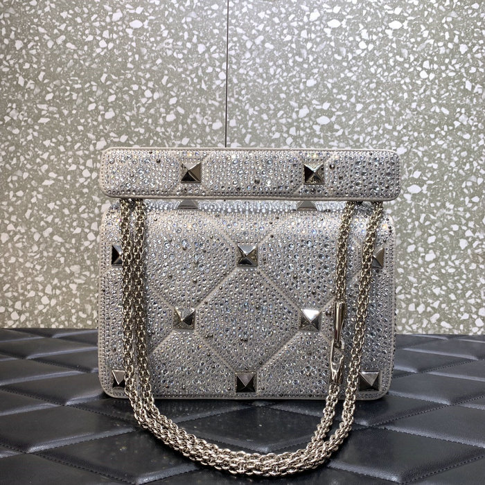 Valentino Medium Rhinestones Roman Stud Bag Silver V0082