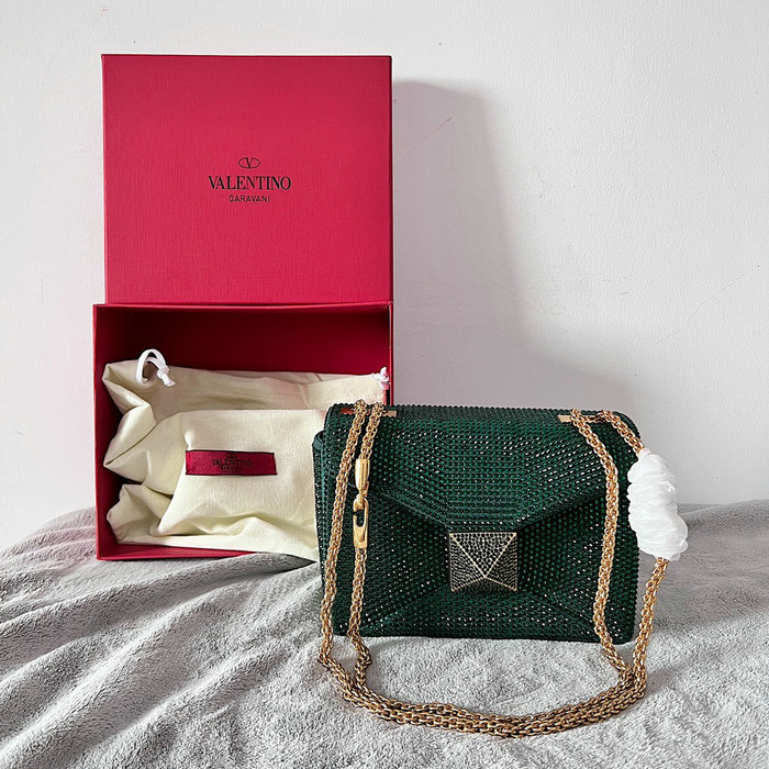 Valentino One Stud Rhinestone Embroidery Small Bag Green V0137